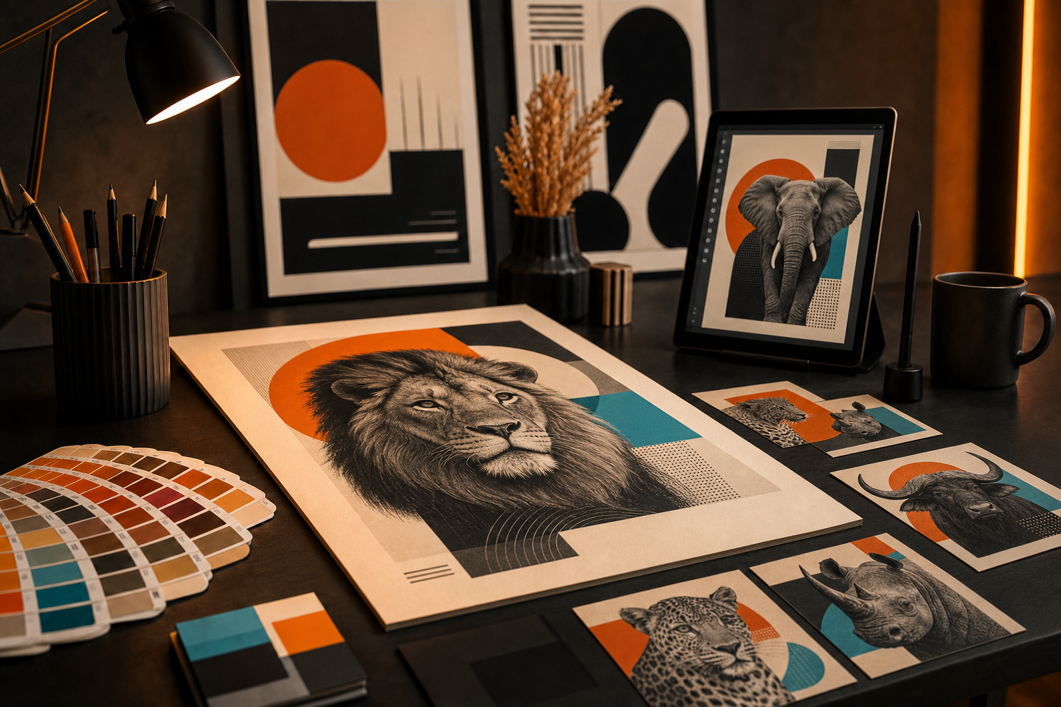 Graphic design workspace featuring a Kenyan Big Five artwork collection