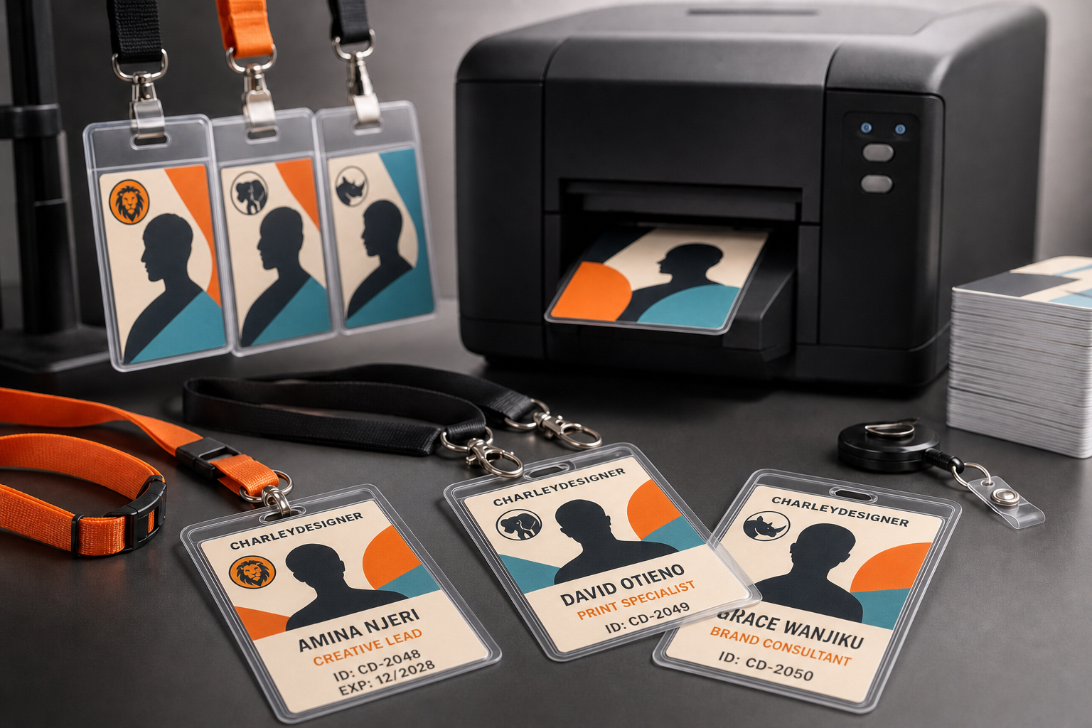Sample staff ID cards with fictional Kenyan data and wildlife emblems
